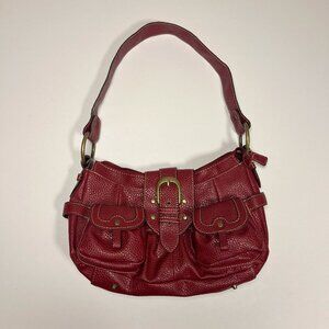 Red Pebbled Vegan Leather Shoulder Bag with Brass Hardware by George